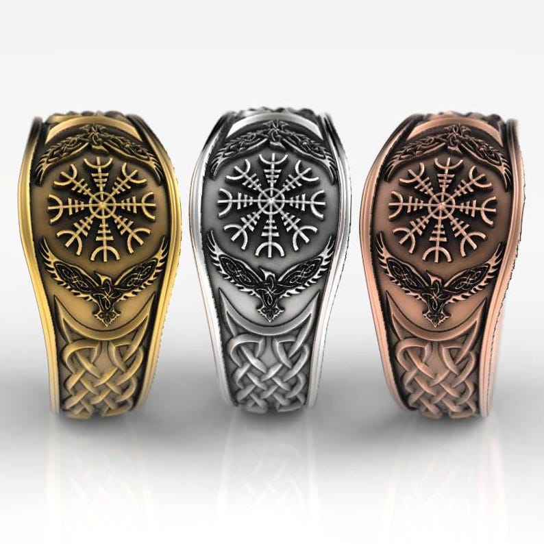 Gold Viking Signet Ring, White Gold Viking Wedding Band, Platinum Raven Ring, Gold Magical Jewelry, Platinum Pagan Ring, Viking Sigil, 1160 image 7