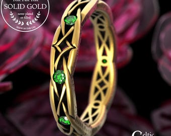 Gold & Emerald Woven Wedding Band, Delicate White Gold Irish Bride Ring, Woman's Celtic Anniversary Ring, Platinum Diamond-Knot, 2087