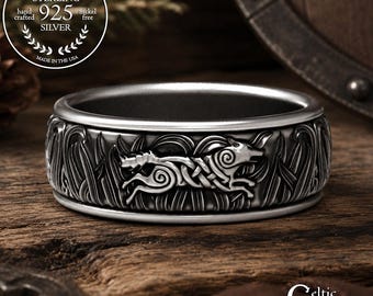 Men's Sterling Wolf Wedding Ring, Silver Viking Groom's Ring, Celtic Woven Wolves Ring, Irish Man Wedding Band, 1910