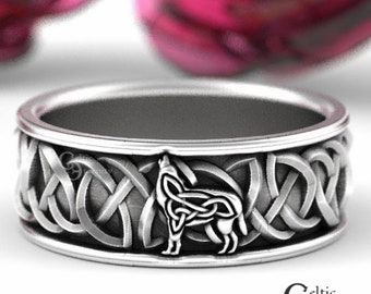 Sterling Silver Celtic Wolf Ring, Wolf Wedding Band, Celtic Animal Ring, Wolf Jewelry, Norse Wolf Ring, Viking Wolf Jewelry Custom, 1707