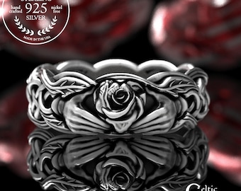 The Rose Bride Wedding Ring, Sterling Heart-Shaped Rose Claddagh Ring, Silver Flower Handfasting Ring, Wild Celtic Rose Marriage Ring, 3263