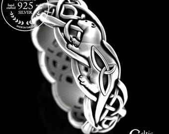 Sterling Silver Womens Otter Ring, Irish Otter Wedding Band, Silver Knotwork Scottish Ring, Sterling Celtic Trinity Wedding Ring, 3028