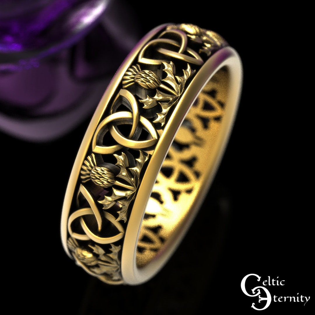 Gold Classic Scottish Wedding Band, Yellow Gold Thistle Ring, Gold