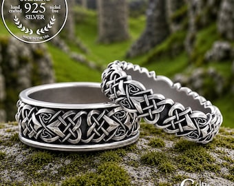 His Hers Sterling Traditional Celtic Heart Knot Ring, Silver Matching Heart Wedding Band Set, Welsh Eternal Love Marriage Rings, 4013 4012
