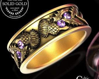 Men's Gold Irish Thistle Ring with Amethyst, 14K Scottish Groom Ring, Platinum Celtic Anniversary, Gold Celtic Heirloom Jewelry, 2129