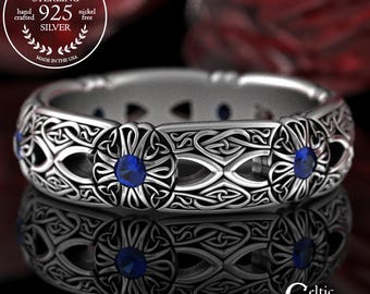 Sapphire Womans Celtic Cross Ring, Sterling Silver Christian Marriage Ring, Sacred Heart Cross Wedding Ring, Irish Catholic Ring, 3268