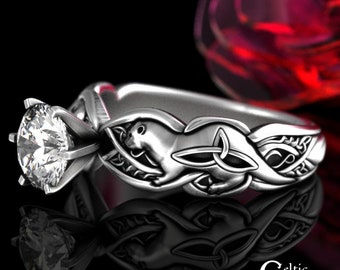 Otter Solitaire Ring, Moissanite Celtic Engagement Ring, Sterling Otter Wedding Ring, Womens Otter Ring, Silver Irish Engagement Ring, 3060