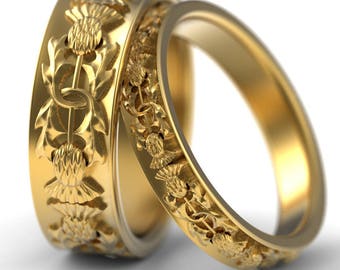 Gold Thistle Ring Set, Thistle Gold Rings, Matching Scottish Rings, 10K Ring Set, 14K Matching Wedding Bands, 10K Thistle Rings, 1770 1771