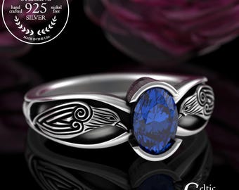 Sapphire Crow Engagement Ring, Sterling Oval Bezel Nordic Wedding Ring, Silver Emerald Birds Marriage Ring, Ruby Viking Bridal Ring, 3311