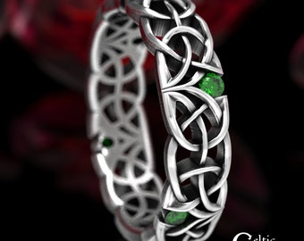 Emerald Celtic Ring, Narrow Wedding Ring, Sterling Silver Wedding Ring, Unique Wedding Band, Emerald Wedding Ring, Classic Wedding Ring,1504