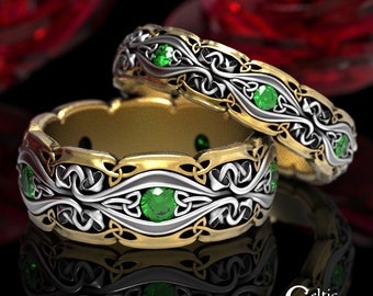 2-Tone Mushroom Ring Set, His + Hers Ring Set, Silver & Gold Wedding Ring, Emerald Celtic Wedding Ring, Nature Inspired Ring, 1737 1750