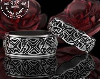 Celtic Spiral & Trinity Matching Wedding Set, Sterling His Hers Scottish Spiral Rings, 925 Irish Spiral Design Wedding Band Set, 1285 1721