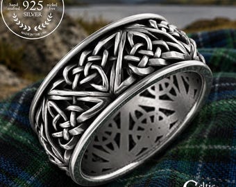 Mens Wide Celtic Band, Sterling Heart Knot Ring, Heavy Irish Wedding Band, Silver Woven Ring, Braided Heart Wedding Ring, 925 Ring, 9105