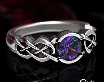 Alexandrite Engagement Ring, Sterling Silver Celtic Solitaire Ring, Womens Alexandrite Ring, Silver Alexandrite Wedding Ring, 414