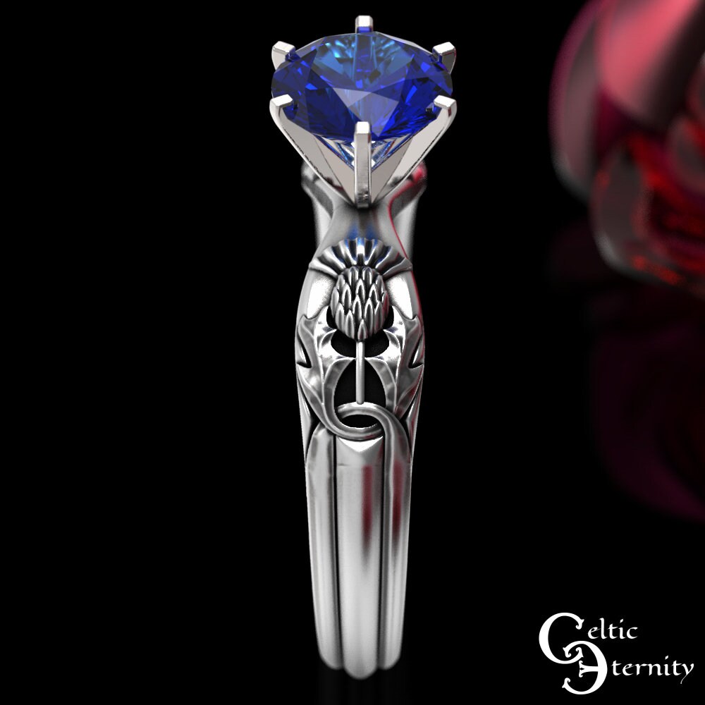 Gold & Sapphire Thistle Engagement Ring, 10K Thistle Ring, Scottish