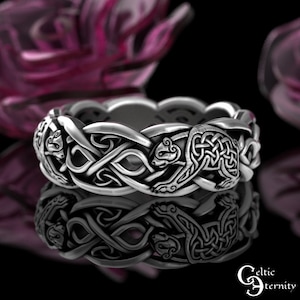 Womens Bear Knotwork Wedding Ring, Sterling Soulmate Bears Ring, Celtic Knotwork Bear, Irish Wedding Band, Silver Black Bear Ring, 9021