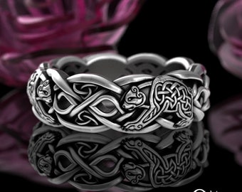 Womens Bear Knotwork Wedding Ring, Sterling Soulmate Bears Ring, Celtic Knotwork Bear, Irish Wedding Band, Silver Black Bear Ring, 9021