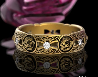 Womens 10K Gold Rose Wedding Ring, 14K Moissanite Celtic Rose Ring, 14K Irish Rose Wedding Band, Diamond Platinum Scottish Rose Ring, 3046