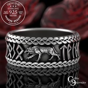 Sterling Viking Wolf with Runes Ring, Mens Wide Norse Wedding Ring, Braided Odin Elder Futhark Ring, Silver Groom&#39;s Nordic Warrior Band,3270