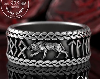 Sterling Viking Wolf with Runes Ring, Mens Wide Norse Wedding Ring, Braided Odin Elder Futhark Ring, Silver Groom's Nordic Warrior Band,3270