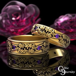 Gold Amethyst Thistle Ring Set, Gold Thistle Wedding Bands, Amethyst Celtic Wedding Ring Set, 10K Gold Irish Wedding Ring Set, 1935 1936 image 1