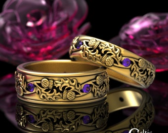 Gold Amethyst Thistle Ring Set, Gold Thistle Wedding Bands, Amethyst Celtic Wedding Ring Set, 10K Gold Irish Wedding Ring Set, 1935 1936