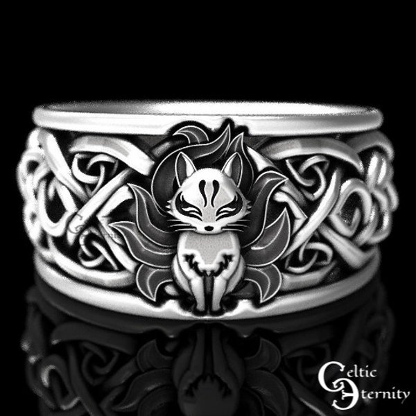 Kitsune Fox Celtic Ring, Kitsune Ring Sterling Silver, Fox Kitsune Wedding Ring, 9-Tailed Fox Ring, Celtic Fox Jewelry, Fox Ring, 1395