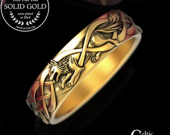 Woman's Gold Wolf Celtic Ring, 14K White Gold Norse Wolf Wedding Band, 10K Wolf Guardian Ring, 18K Viking Spirit Animal Jewelry, 2106