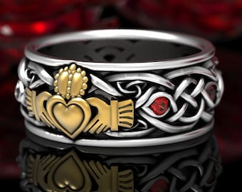 2-Tone Sterling & 10K Mens Celtic Claddagh Ring, Ruby Claddagh Wedding Ring, Red Trinity Knot Silver Heart Ring, Irish Love Ring 1689
