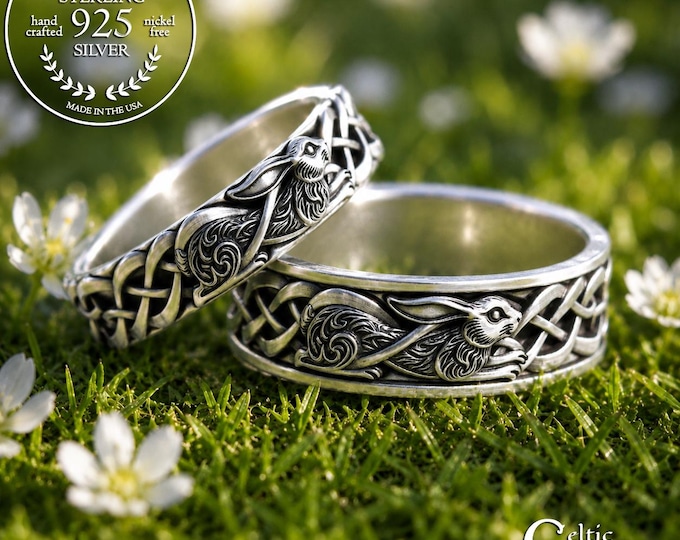 Featured listing image: Sterling Bride & Groom Rabbit Ring Set, Matching Irish Bunny Wedding Rings, Silver His Hers Celtic Hare Ring, 2100 2103