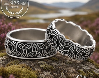 Sterling Matching Irish Knotwork Wedding Bands, Celtic Trinity Pattern Anniversary Set, Silver Traditional Welsh His & Her Rings, 3329 3322