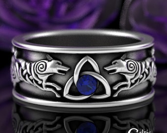 Blue Sapphire Wolf Ring, Sterling Wolf Celtic Ring, Running Wolves Wedding Band, Sapphire Viking Mens Ring, Silver Norse Knotwork Ring, 3103