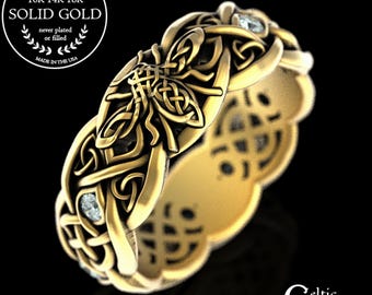 Gold Moissanite Honey Bee Ring, 10K Bumble Bee Ring, Gold Honeybee Ring, Queen Bee Ring, 14K Celtic Bee Ring, Womens Bee Wedding Ring, 3086