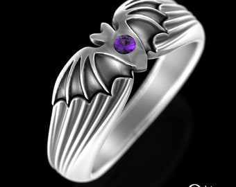 Flying Fox Celtic Ring, Silver Amethyst Vampire Ring, Spooky Jewelry, Bat Wings Ring, Purple Goth Ring, Creature of the Night Jewelry, 3141