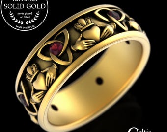 Gold Ruby Claddagh Ring, 10K 14K Scottish Hand Crown Ring, 18K Gold Irish Heart Wedding Band, 10K Gold Celtic Crown Wedding Ring, 3079
