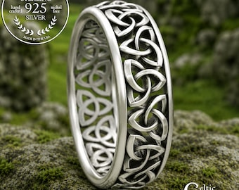 Sterling Celtic Groom's Wedding Band, Traditional Scottish Man Ring, Silver Trinity Knot Anniversary, Handmade Irish Heritage Jewelry, 200