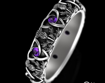 Amethyst Thistle Wedding Band, Sterling Silver Womens Knotwork Ring, Celtic Purple Trinity Knot, Womens Irish Ring, Scottish Thistle, 4813