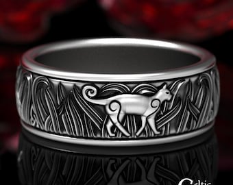 Sterling Silver Cat Ring, Celtic Cat Wedding Ring, Sterling Irish Cat Ring, Sterling Cat Jewelry, Silver Feline Ring, Irish Cat Ring, 1912