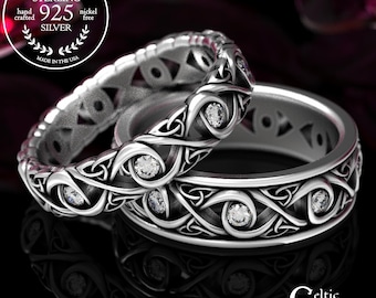 Celtic Moissanite Wedding Set, His Her Infinity Wedding Band Set, Sterling Celtic Wedding Ring, Moissanite Wedding Band, 1409 + 1410
