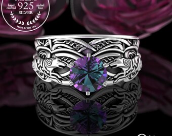 Sterling Silver Celtic Wolf Engagement Rings, Alexandrite Viking Shadow Fang Bridal Set, Wolfkin Handfasting Rings,  Mac Tíre Rings, 3177