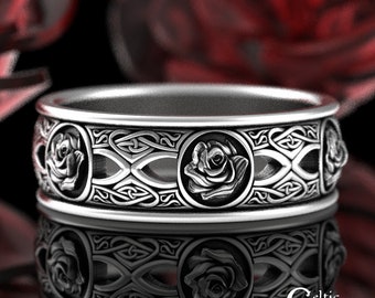 Sterling Celtic Rose Wedding Ring, Scottish Heart Wedding Band, Silver Womens Botanical Flower Ring, Blooming Rose Irish Wedding Ring, 3044