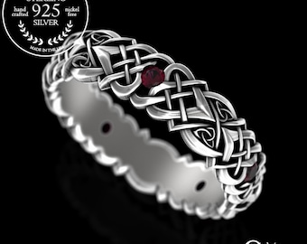 Celtic Ruby Heart Ring, Sterling Silver Celtic Wedding Band, Women's Ruby Celtic Trinity Knot Ring, Perfect Bridal Wedding Ring, 4014