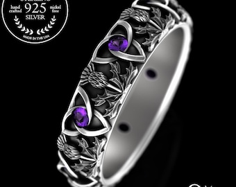 Amethyst Thistle Wedding Band, Sterling Silver Womens Knotwork Ring, Celtic Purple Trinity Knot, Womens Irish Ring, Scottish Thistle, 4813