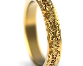 Gold Thistle Ring, Scottish Wedding Band, Thin Gold Ring for Women, 4mm Wedding Band, Thistle Wedding Ring, Narrow Platinum Ring, 1771
