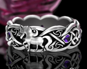 Purple Amethyst Unicorn Ring, Sterling Magical Horse Ring, Irish Creature Jewelry, Silver Womens Horse Wedding, Girls Celtic Horse Ring 3032
