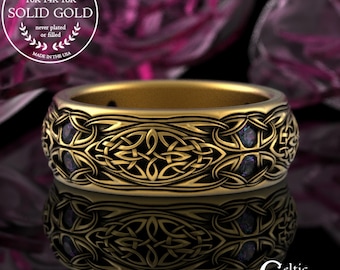 Celtic Alexandrite Ring, Mens 10K Gold Celtic Ring, 14K Gold Wedding Band for Men, Irish Mens Gold Ring, Platinum Alexandrite Ring, 1804