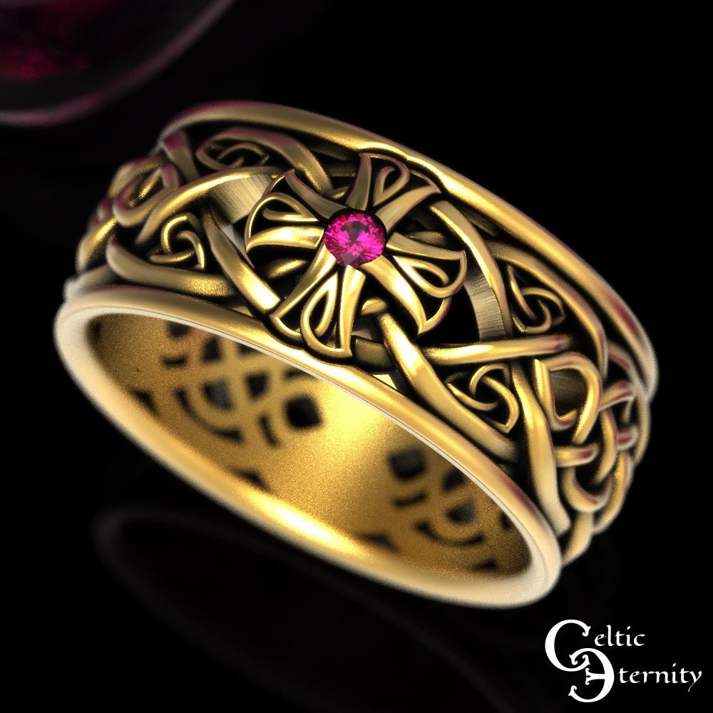 Mens Ruby Celtic Cross Ring, Irish Cross Wedding Band, Mens Silver