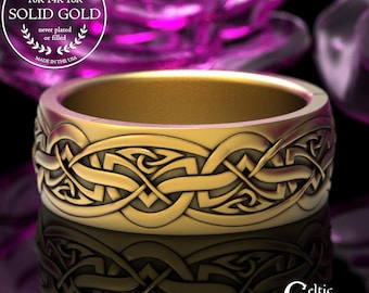 Men's Gold Irish Heart Wedding Band, Groom's 14K White Gold Celtic Knotwork Ring, 2170
