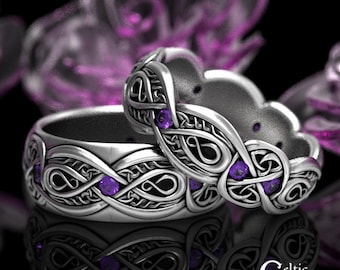 Sterling Silver & Amethyst Wedding Ring Set, Irish Bride Groom Knotwork Rings, Stunning Celtic Wedding Rings, Marriage Band Set, 1411 1642