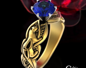 Gold Otter Engagement Ring, Sapphire 10K Otter Ring, 14K Celtic Otter Wedding Ring, 10K White Gold Irish Ring, Sapphire Engagement,  3060